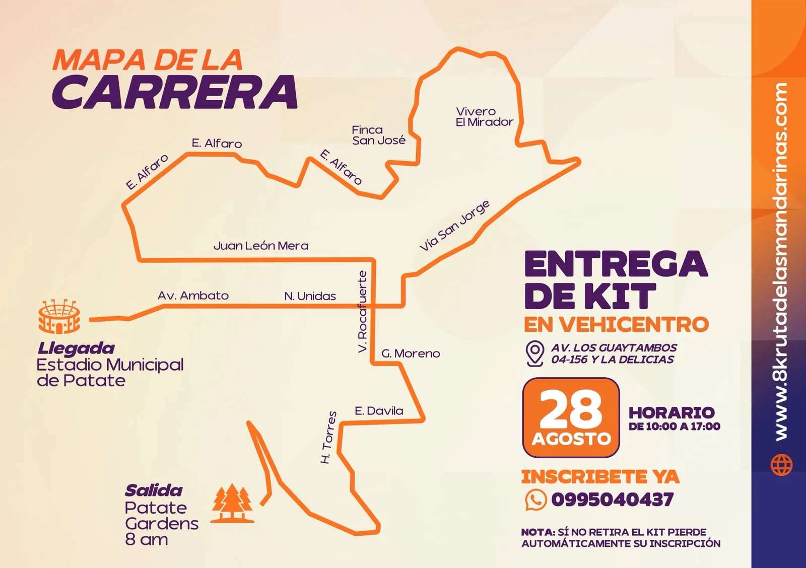 Mapa de la carrera 8K Ruta de las Mandarinas: salida en Patate Gardens y llegada al Estadio Municipal de Patate.