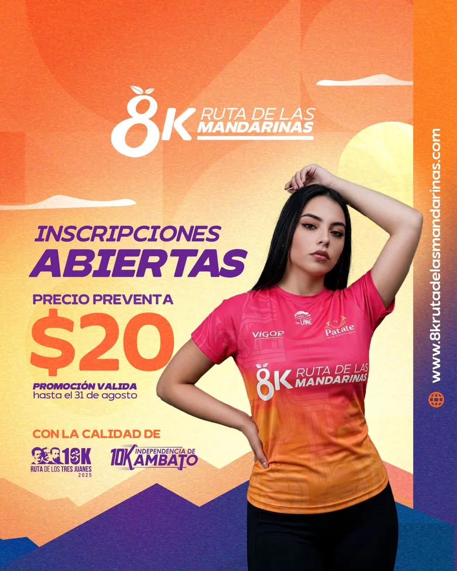 8K Ruta de las Mandarinas · Inscripciones abiertas · Precio preventa $20 (hasta el 31 de agosto) · Lugar: Valle de Patate · Fecha: 29 de agosto · Salida: Patate Gardens
