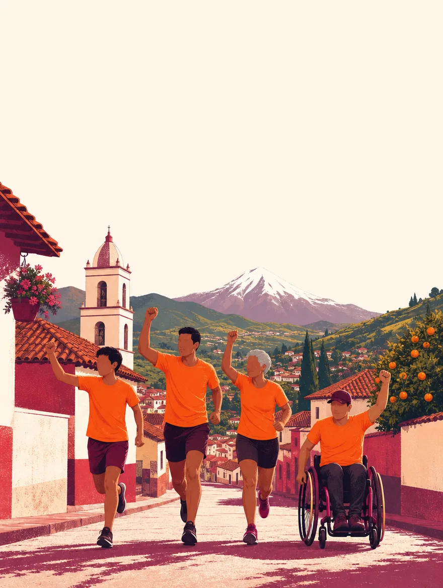 Ilustración: corredores de todas las edades y un atleta en silla de ruedas, por las calles de Patate
