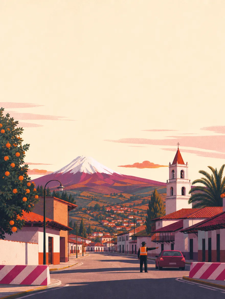 Ilustración: calle del pueblo con vallas y un policía dirigiendo el tránsito al amanecer