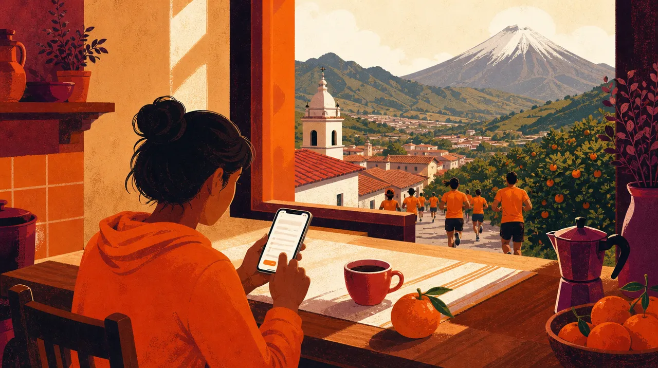 Ilustración: una persona se inscribe desde su teléfono, con las calles de Patate y el volcán por la ventana