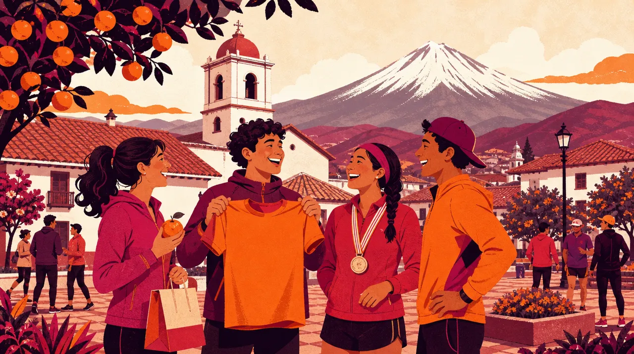 Ilustración: corredores estrenando el kit — camiseta naranja, medalla y mandarinas — en la plaza de Patate