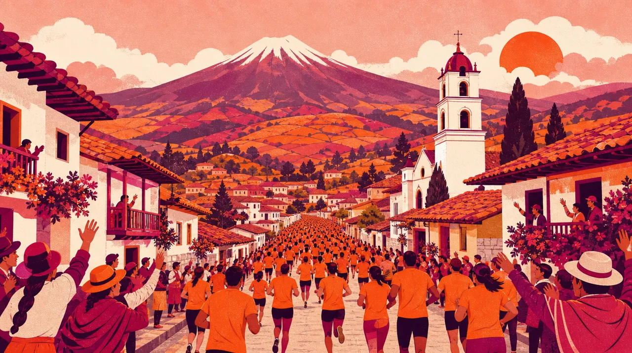 Ilustración de la carrera llenando la calle principal de Patate, con el volcán al fondo